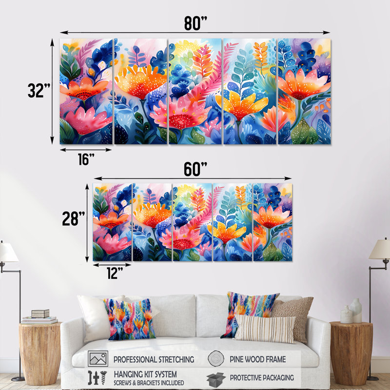 Aquariums oranges bleus «Floral Dreams I» - ensemble d'art sur toile Botanicals, H 28 po x l 60 po