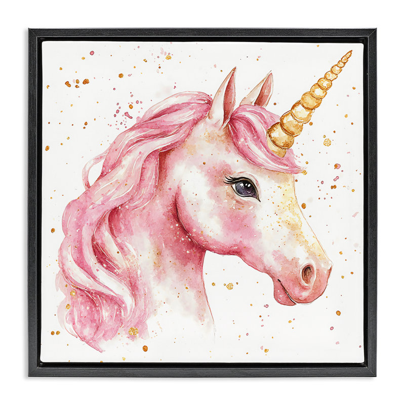 Licorne rose avec cadre flottant éclaboussures de peinture, design Creative Studio, Cadre flottant noir de jais