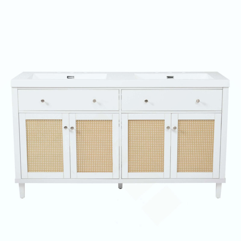 Meuble-lavabo de salle de bain avec lavabo double (lavabo SMC), grand espace de rangement avec 2 plateaux rabattables / tiroirs rabattables et 4 portes à fermeture douce, pieds en bois massif et boutons en métal argenté