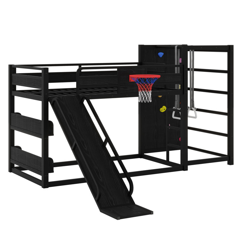 Lit mezzanine / superposé en métal avec glissade, mur d'escalade, panier de basketball, anneaux et tablettes