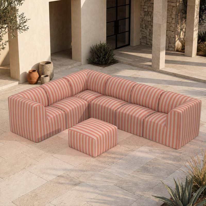 Praia 7-Piece Upholstered L-shaped Sectional Sofa with Ottoman and Sunbrella Cushions, Expressive Blush