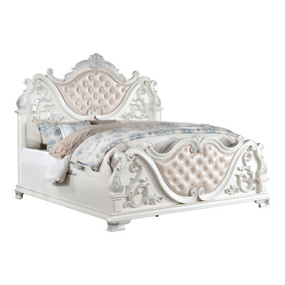 Pearl White Antique King Bed Frame, Button - Headboard, Faux Wood Motifs, And Solid Build, 95"L X 85 1/2"W 72 1/4"H Traditional Style Frame With Color, Upholstery, Centerpiece Edging,
