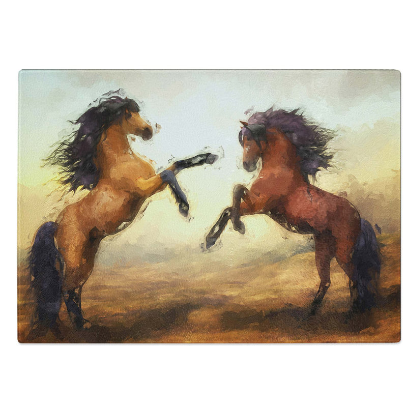 Tempered Glass Two Wild Stallion Horses in Abstract Chopping Board, 28.5 cm W x 20 cm L