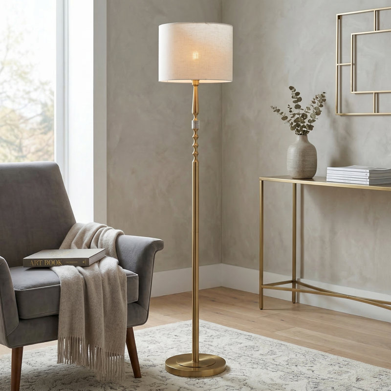 Lampe sur pied moderne en or 62,2 po avec abat-jour tambour en tissu blanc, Bronze