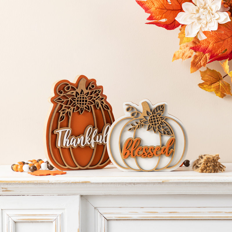 2-Piece 8"H Thanksgiving Wooden Pumpkin Table Decor