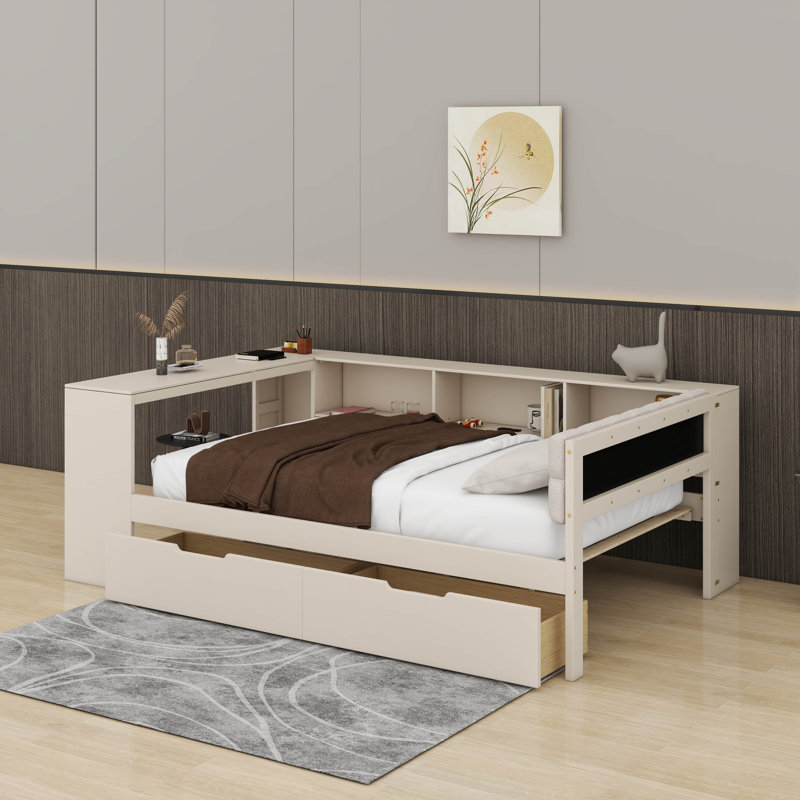 Lit plateforme avec tiroirs, tablettes de rangement, station de charge et tête de lit tapissier, Lit simple