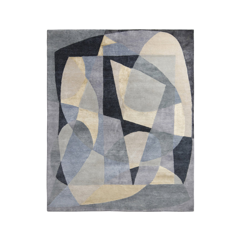 Rug & Kilim's Mid-Century Modern Rug In Gray, Ivory And Blue Geometric Pattern, Rectangle 5' x 8'