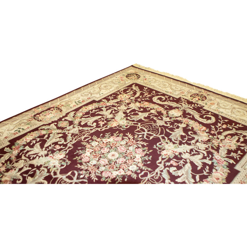 Hand Knotted Wool Area Rug in Wine And Beige