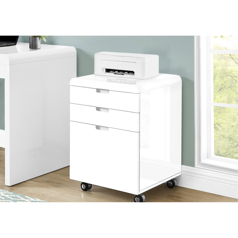 Contemporary Rolling File Cabinet With Glossy White Surface And Functional Storage Coating, Office Drawers, Modern Printer Stand Smooth Working