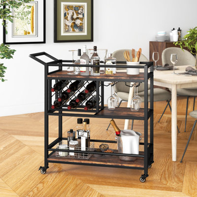 3-Tier Bar Cart On Wheels Home Kitchen Serving Cart With Wine Rack And Glasses Holder by 17 Stories