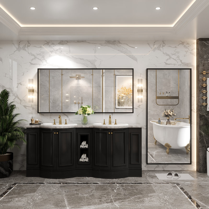 Molly Tempered Glass and Metal  Alloy Square-Corner Framed French Cleat Mounted Wall Bathroom / Vanity Mirror, 60" x 28"
