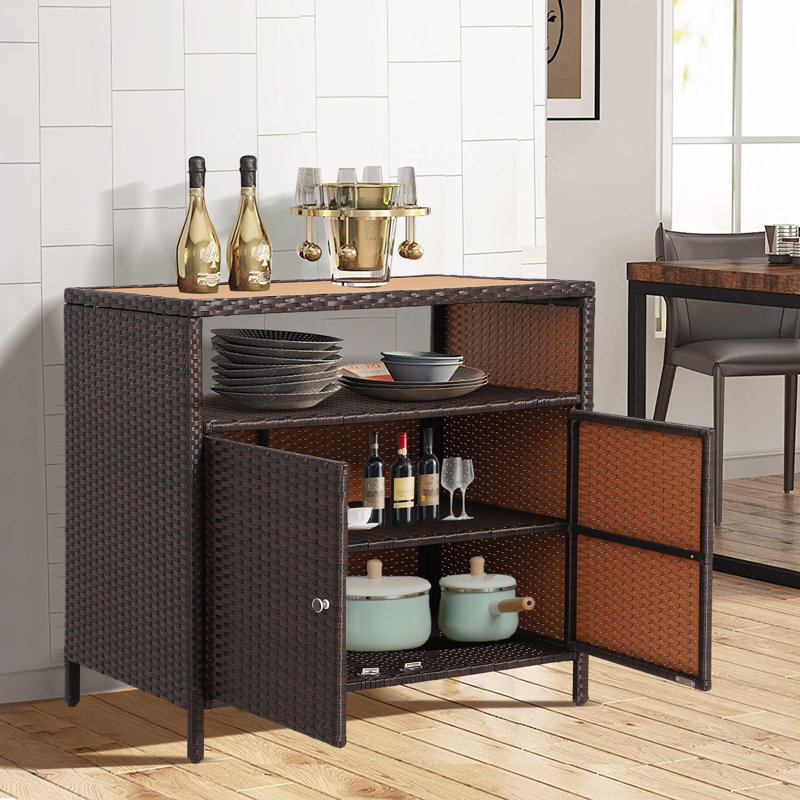 Outdoor Wicker Storage Cabinet Bar, Patio BBQ Sideboard Buffet Cabinets 2-Door Waterproof with Sturdy Wood Top, Rattan Outside Storage Bar Cabinet with Open Compartment & Enclosed Cabinet