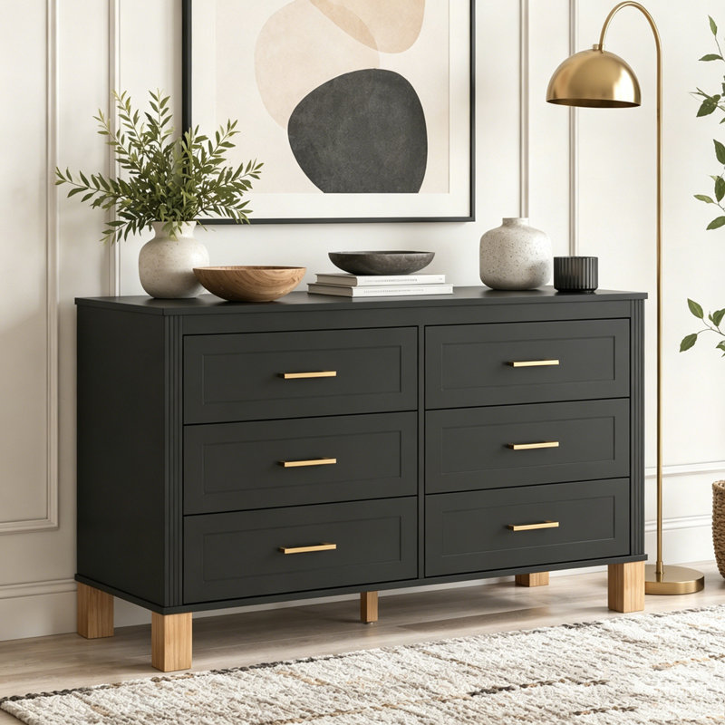 Commode double moderne à 6 tiroirs avec poignées en métal et pieds en bois massif, Black