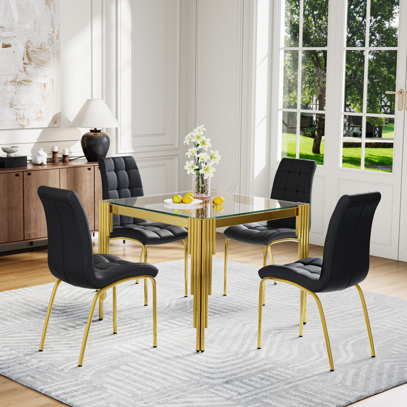 4 - Person Square Glass Top Dining Set, Clear, Gold, Black/Gold