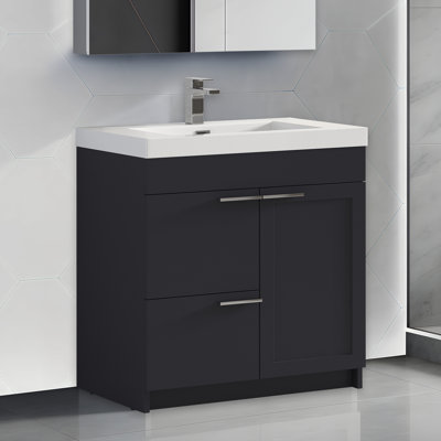 Meuble-lavabo simple 36 po avec lavabo en acrylique sous le comptoir - Portes à fermeture en douceur, tiroir de rangement, finition résistante à l'humidité - Armoire de rangement moderne avec lavabo