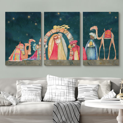 Illustration de la crèche de Noël avec les trois rois mages - impression sur toile tendue 3 pièces