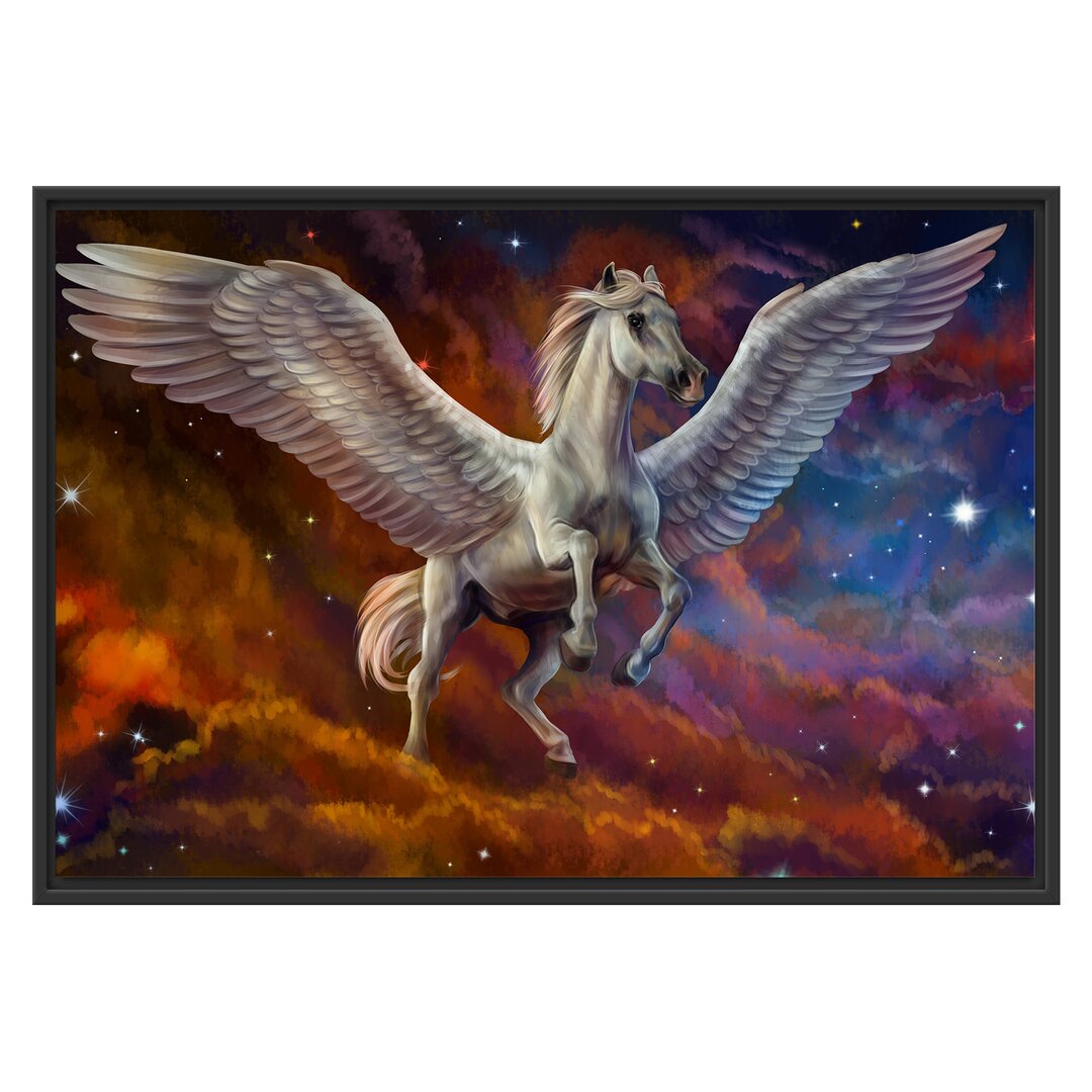 Gerahmtes Wandbild Weißer Pegasus mit Engelsflügel