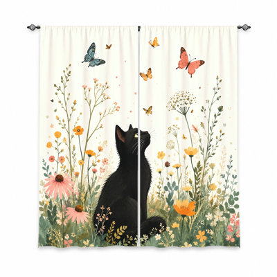 2 pièces Chat noir avec rideaux papillons et fleurs, tissu filtrant la lumière, impression artistique rétro, protection de la vie privée pour le salon, la chambre, le balcon, la cuisine, la décoration de la maison
