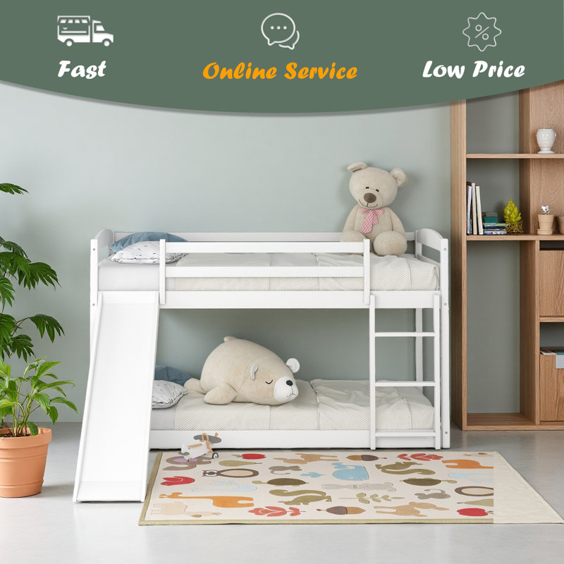 Lit superposé simple au-dessus d'un lit simple avec glissière convertible et échelle, Blanc