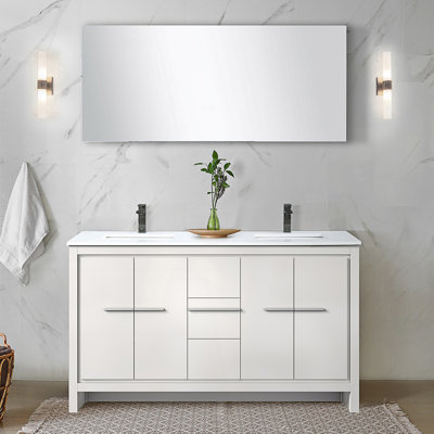 60 In. W X 20 In. D Double Bath Vanity With White Quartz Top And Gun Metal Faucet Set