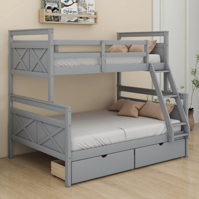 Lit superposé simple au dessus d'un lit double avec deux tiroirs de rangement, échelle amovible et garde-corps de sécurité, convertible en 2 lits séparés