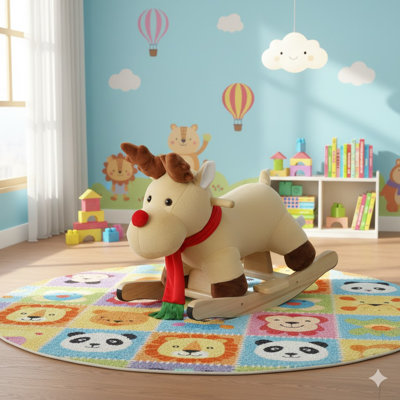 Orignal à bascule pour enfants (1 à 3 ans) - Peluche douce, berceuse, marionnettes et ceinture de sécurité, certifié CCP (abricot)