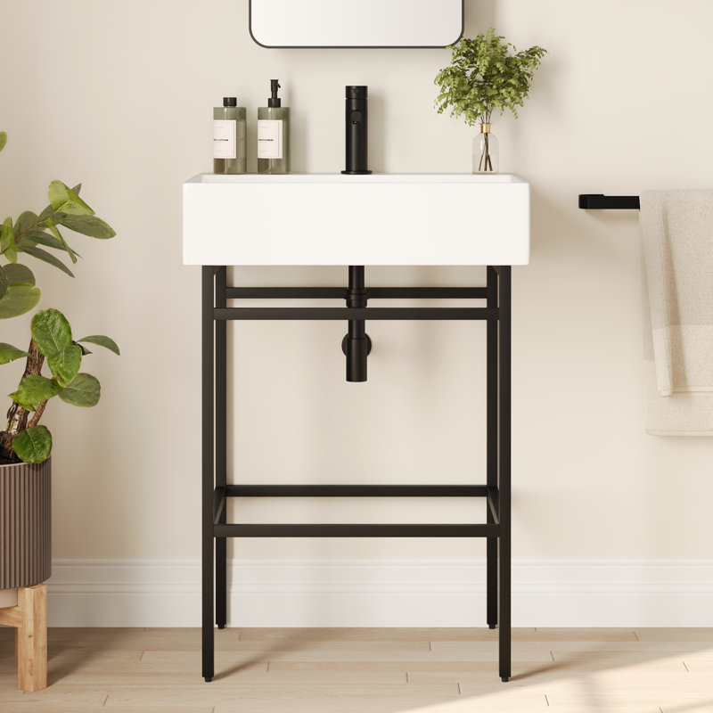 Lavabo de salle de bain console en céramique rectangulaire à trou unique 24 po avec trop-plein, Noir, noir, noir, noir