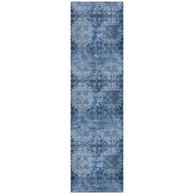 2' X 8' Navy Blue Floral Medallion Washable Non Skid Indoor Outdoor Runner Rug