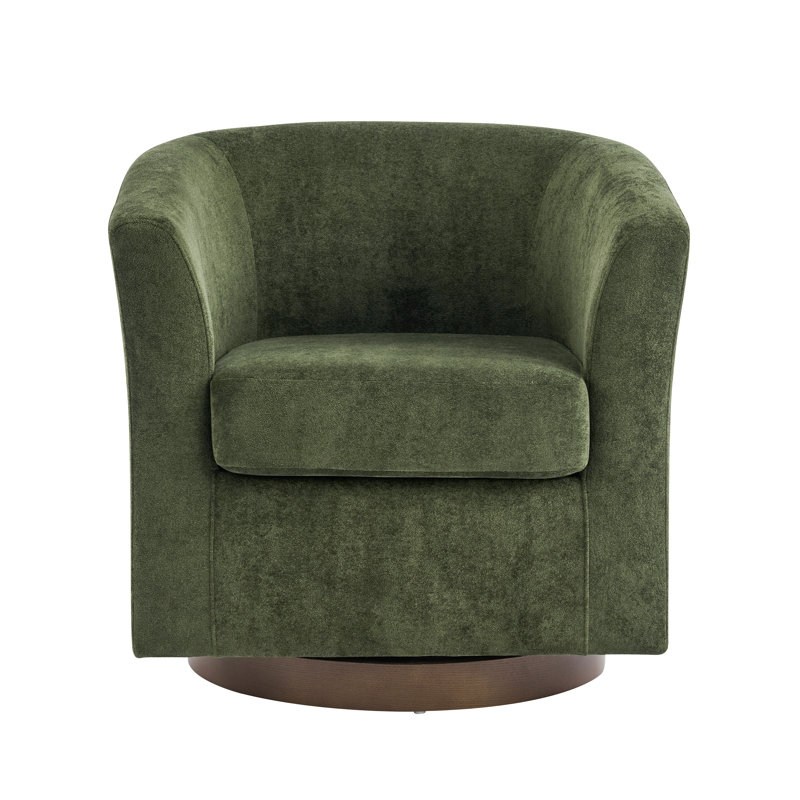 Marlo 360° Rotation Contemporary Velvet Upholstered Swivel Barrel Chair with Wooden Ring Base, Olive Green Velvet