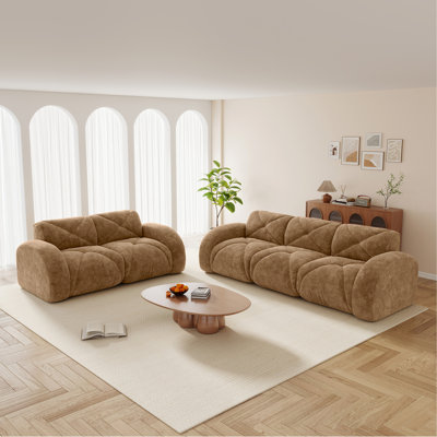 Ensemble de canapé 2 pièces Canapé confortable, ensemble de canapé 2 + 3 places, canapé à assise profonde, tissu de velours doux, fond en éponge haute densité 32D, aucun assemblage requis, ensemble de canapé moderne pour le salon, chameau