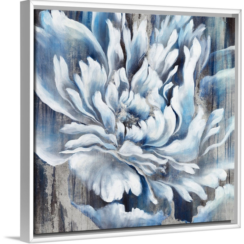 « indigo fleur iii », peinture sur toile, Cadre flottant blanc, H 21,7 po x l 21,7 po x p 1,75 po