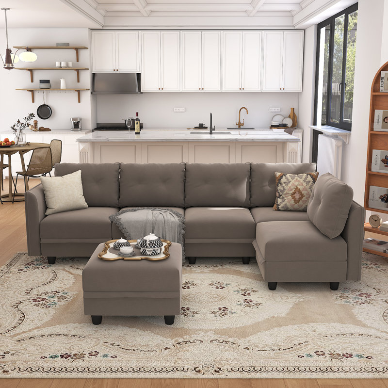 Canapé modulaire réversible avec repose-pieds Bresee, Velours brun clair, H 34 po x l 112 po x P 56 po