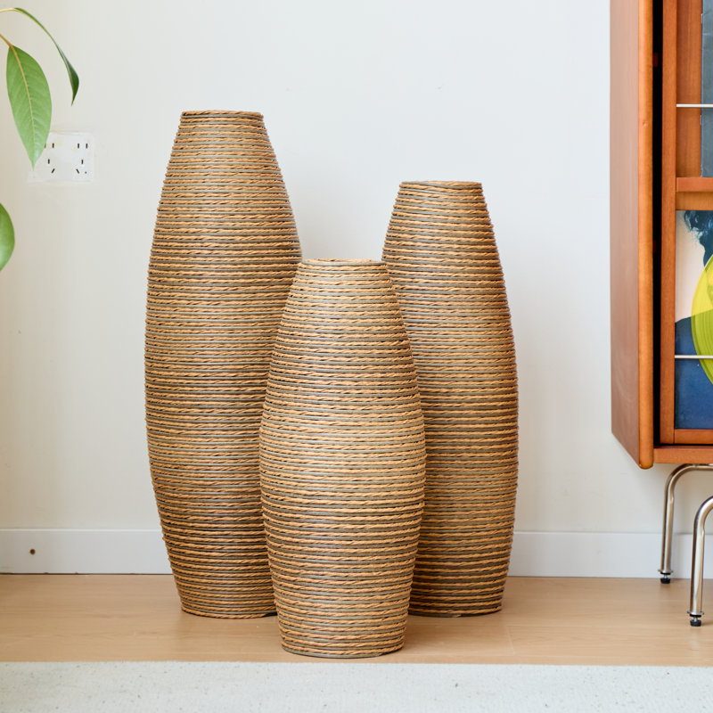 Ensemble de 3 vases de sol en PVC beige et brun avec texture rotin pour la décoration du salon