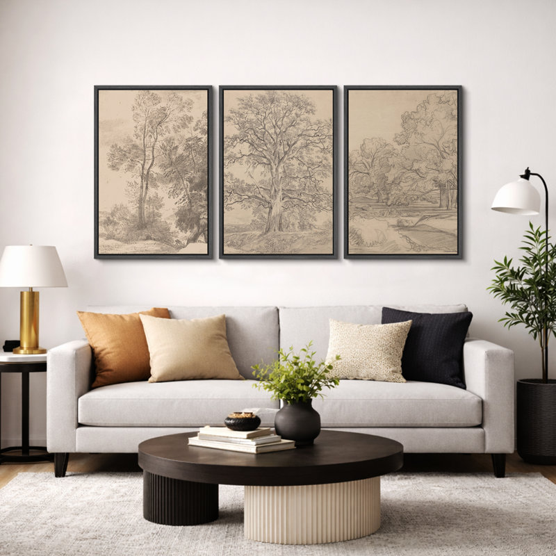 Rustic Countryside "Vintage Sketch Forest Tree Landscape Artwork, French Country Neutral Classic Wall Pictures, Framed Canvas Giclée Print 3 Pieces Wall Art" 16"x24"x3 pcs, 24"x36"x3 pcs