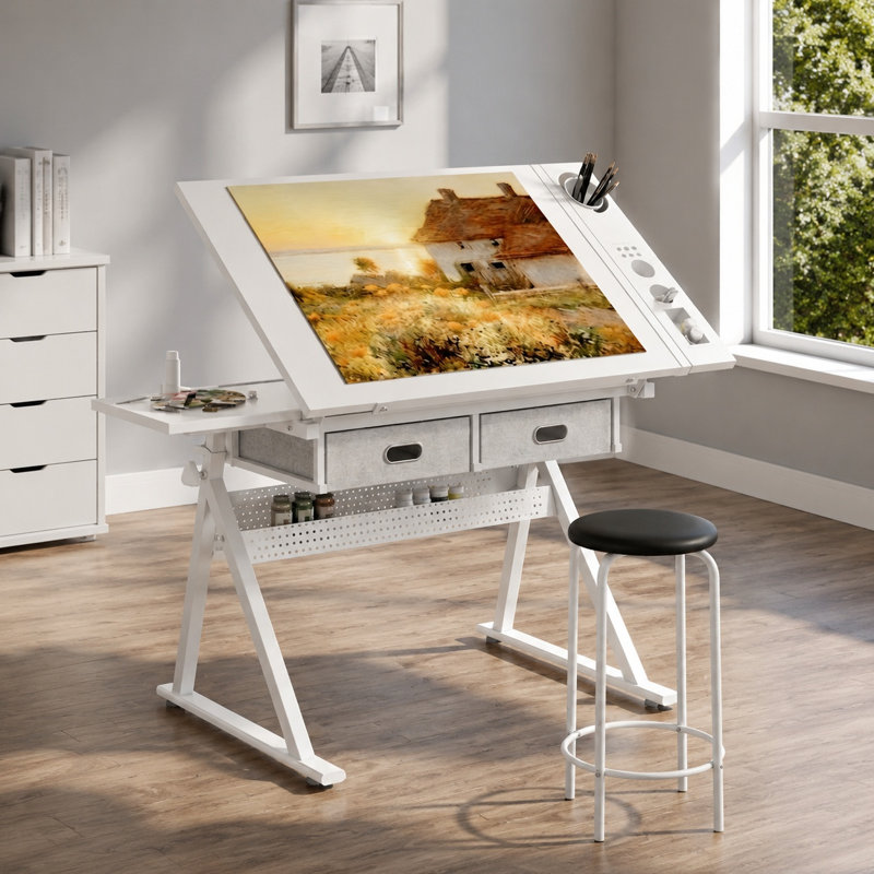 Table à dessin réglable avec plateau en verre trempé, réglage de la hauteur de la manivelle, tiroirs et chaise, blanc