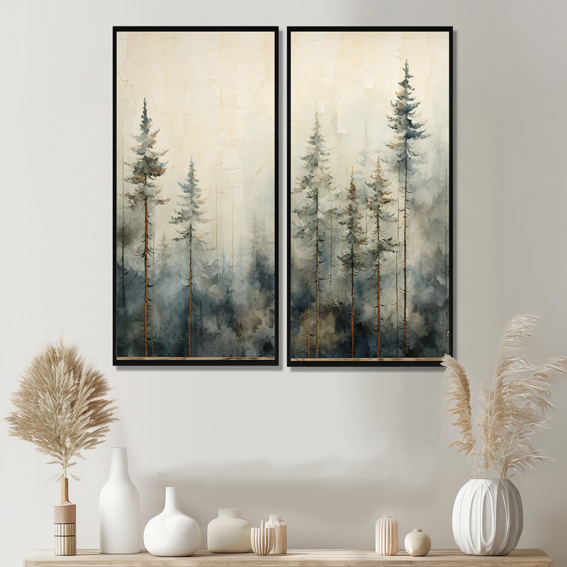 Minimalisme, forêt de pins d'hiver - grande forêt, art mural 2 panneaux, Impression encadrée flottante, H 40 po x l 40 po