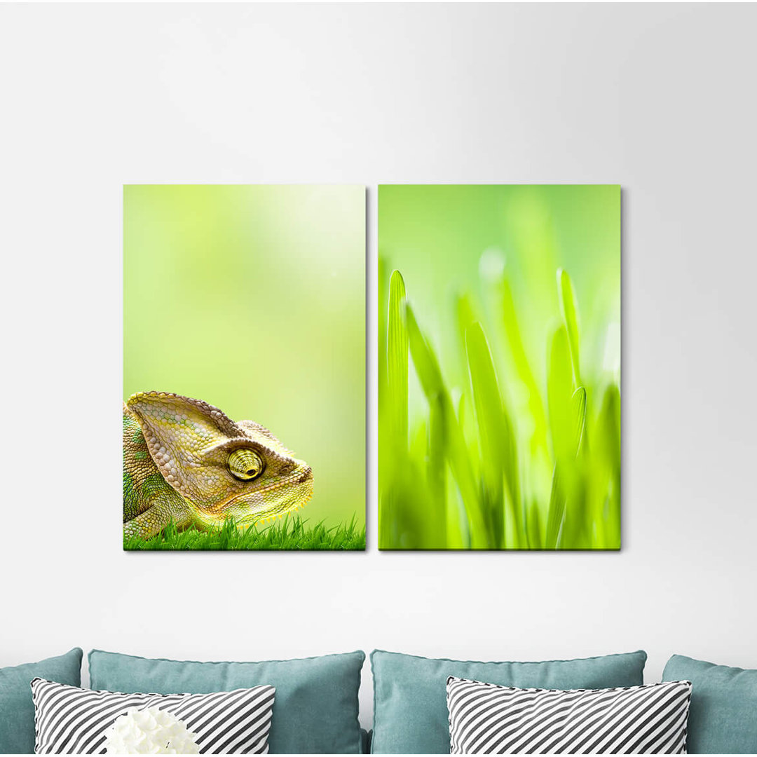 2-tlg. Leinwandbilder-Set - Fotografie „Chameleon Meadow Grass Green Fresh Summer Sun”