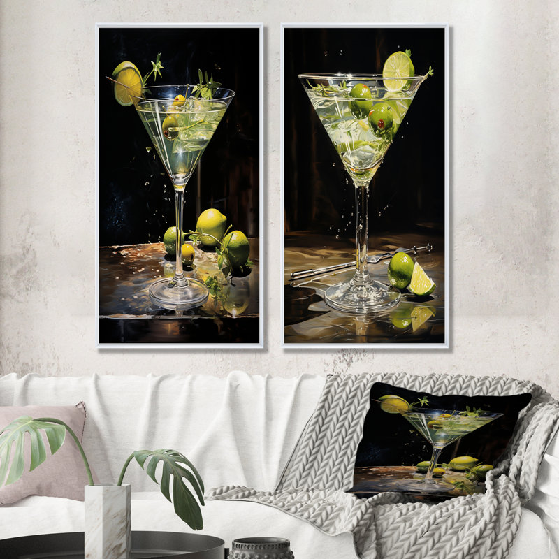 «Dirty Martini Mirage Cocktail», ensemble de 2 reproductions d'art mural, Cadre blanc, H 32 po x l 33 po