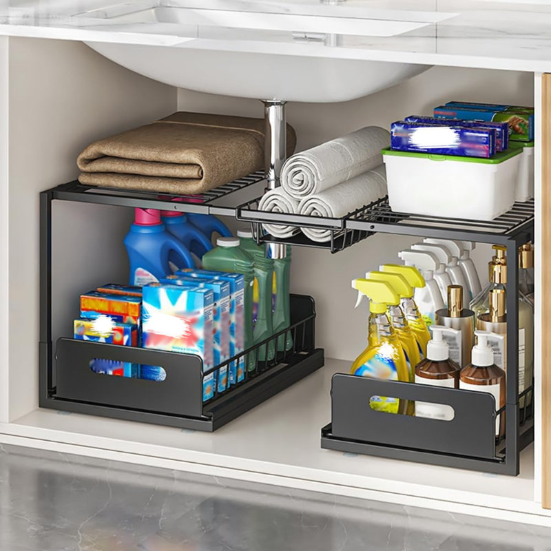 Expandable Under Sink Storage 2-Tier Pull Out Organizer Adjustable Sliding Drawer Steel Rack