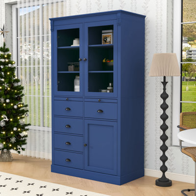 Tall Kitchen Pantry Cabinet with Glass Doors, 5 Drawers, Adjustable Shelving and Pull-Out Trays