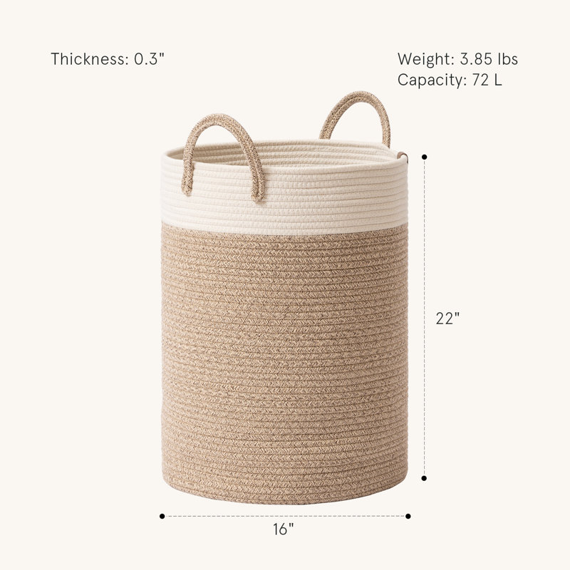 Woven Basket Rope Storage Baskets - Large Cotton Organizer, Basket for Baby Blanket, Kids Toy Nursery Laundry Basket, Brown