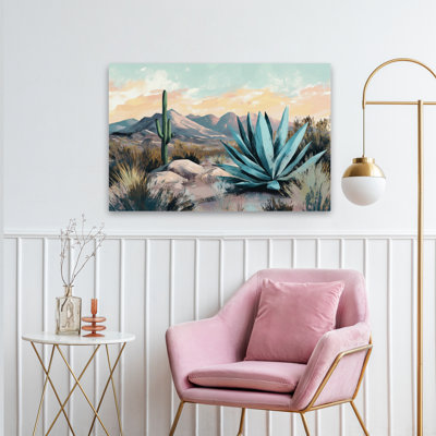 Coucher de soleil dans le désert - art contemporain aux couleurs pastel de cactus du désert