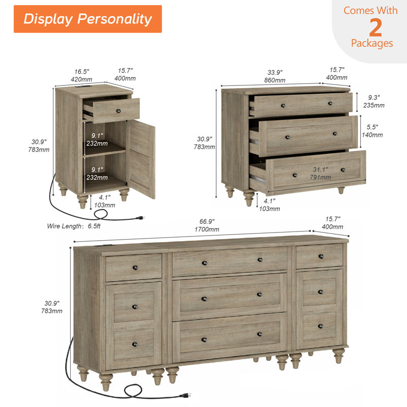 Mid Century Modern Kids Dressers With Charging Station, Dresser For Bedroom With 5 Drawers And 2 Storage Cabinet, Brown