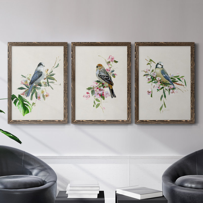 «Spring Song Blue Bird», ensemble de 3 impressions sur toile encadrées, H 24 po x l 54 po x P 1,5 po, Noyer
