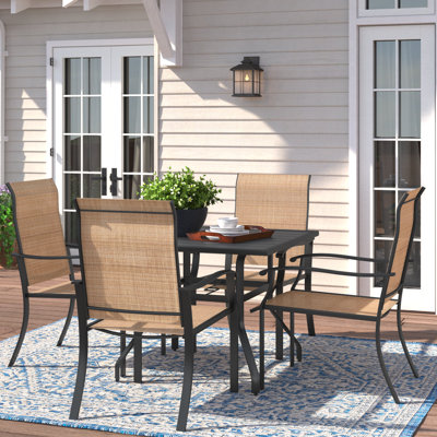 Alumita Outdoor Patio Dining Set, 4 Chairs and 37 Inch Square Table with 1.57'' Umbrella Hole, Powder-coated Iron Frame for Garden, Black and Brown