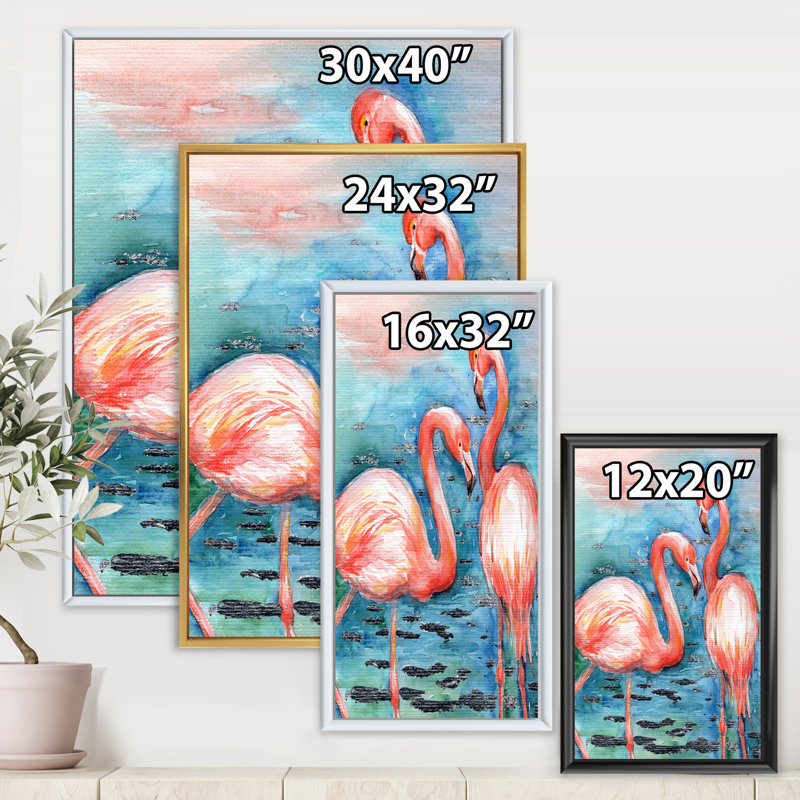 Flamants roses dans l'eau bleue I - reproduction encadrée sur toile, H 20 po x l 12 po x P 1po, Noir