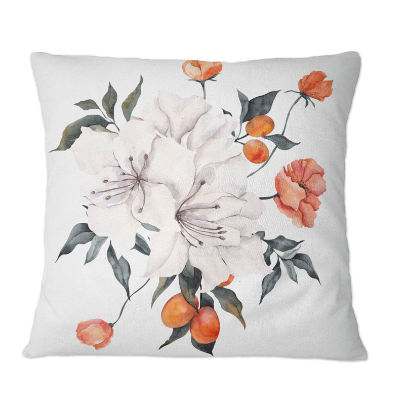 Coussin Bouquet avec citron et mandarine III - imprimé traditionnel, 16 po x 16 po