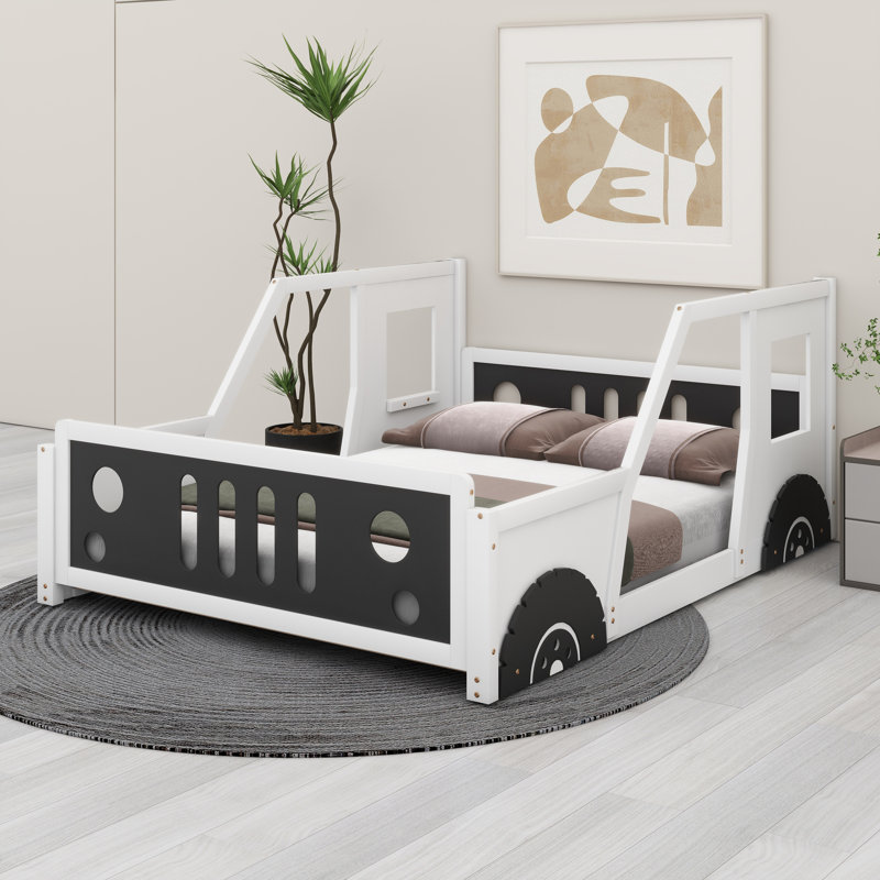 Lit plateforme en bois massif avec lattes en bois, roues, tête de lit et pied de lit en forme de voiture, Blanc