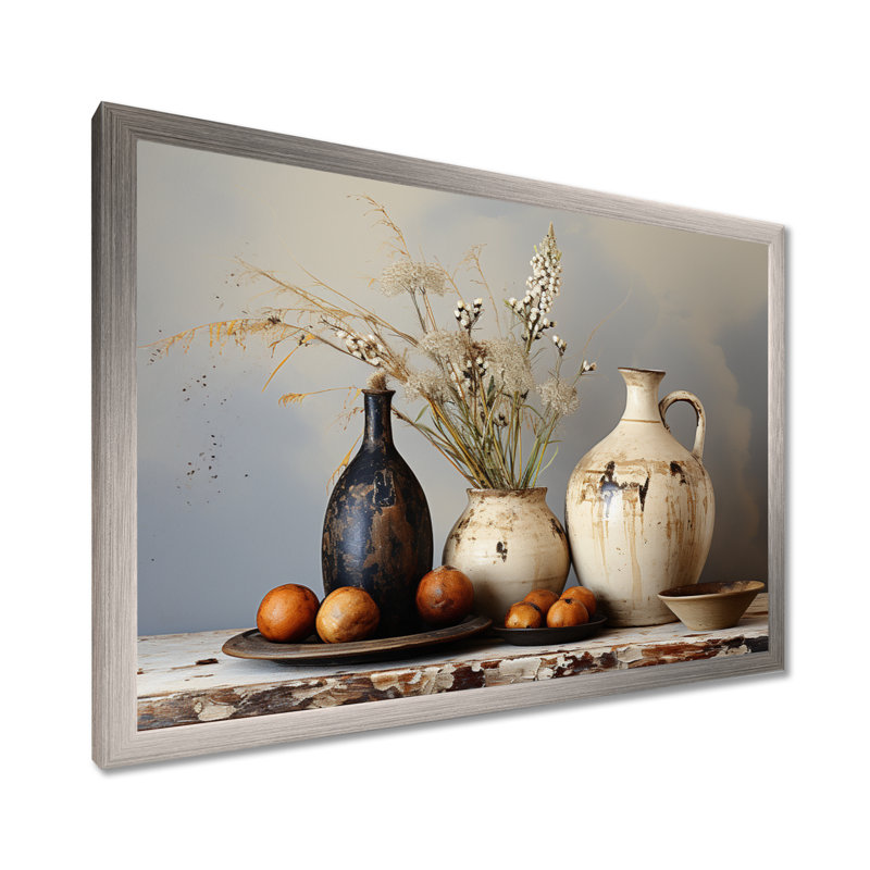 Art floral blanc rétro sur poterie, Cadre de coin argenté fermé, H 30 po x l 40 po x P 1,5 po