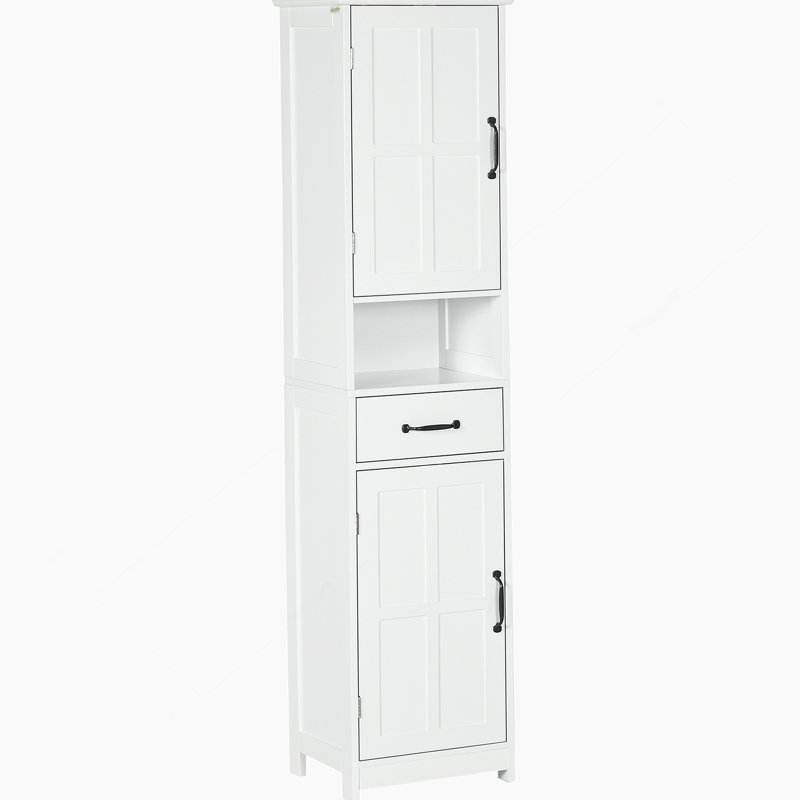 Armoire de rangement mince, armoire de salle de bain haute, tour à linge avec tablette ouverte, tiroir, portes encastrées et tablettes réglables, blanc